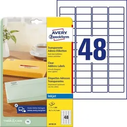 AVERY Zweckform Abziehhilfe QuickPEEL Adressetiketten J4720-25 Selbsthaftend DIN A4 Transparent 45,7 x 21,2 mm 25 Blatt à 48 Etiketten