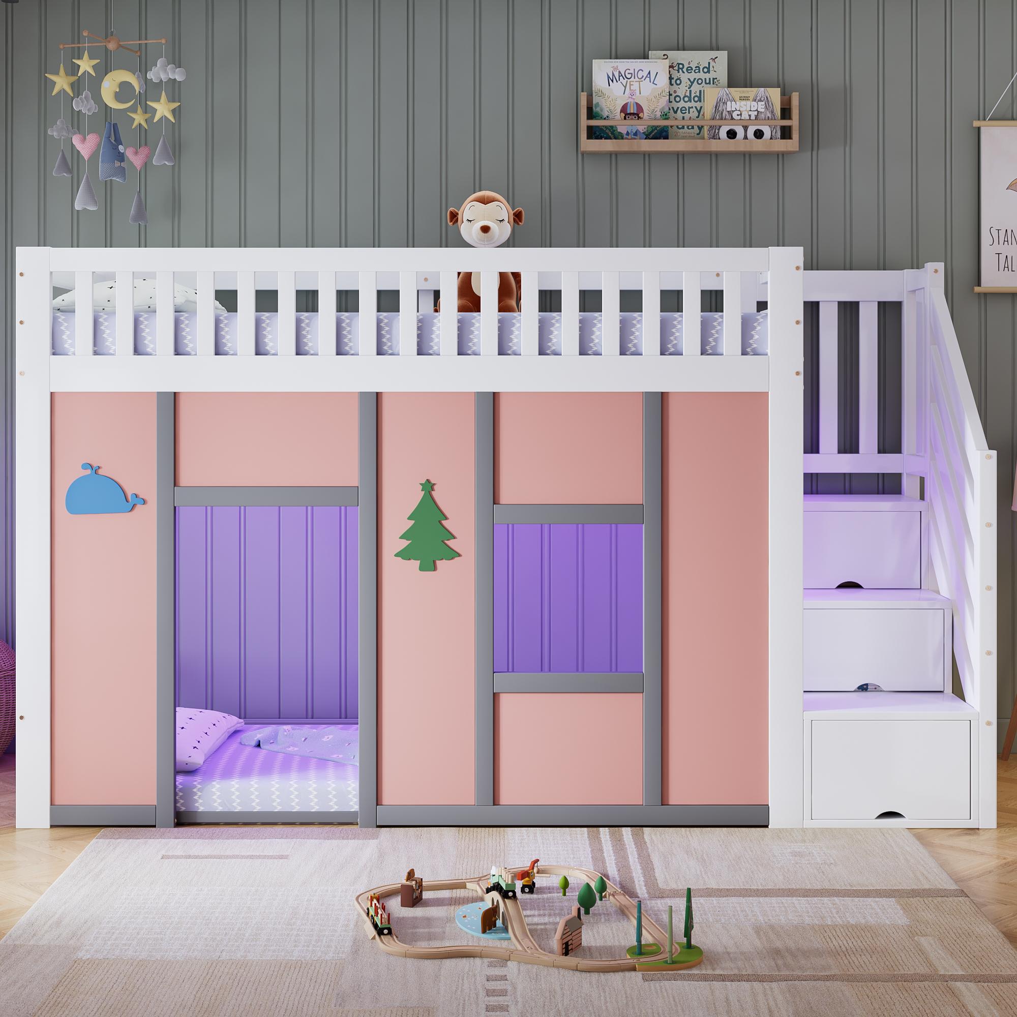 Merax Etagenbett Hochbett 90x200cm mit LED und Stauraumtreppe, , Halbhochbett mit Spielbereich und Rausfallschutz, Kinderbett aus Kiefer und MDF, Pink