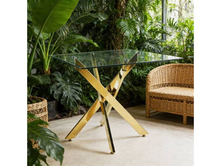 Table à manger carrée dorée 80 x 80 x 75 cm plateau en verre pieds métal montage nécessaire