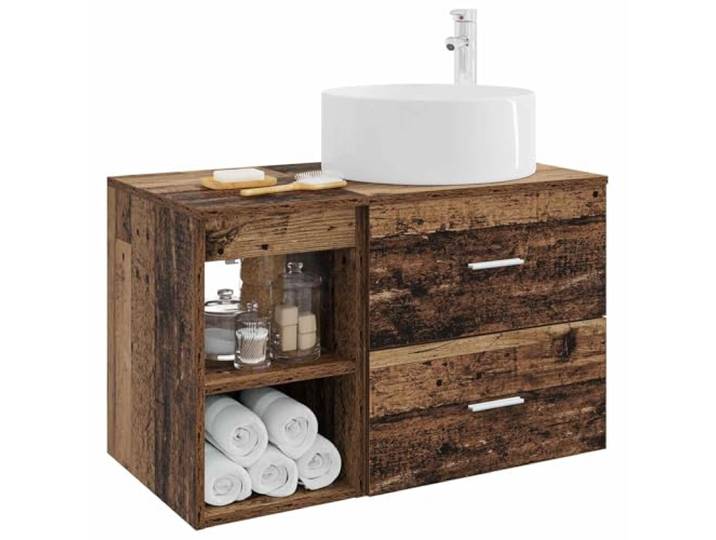 SKTQYQO Badezimmermöbel-Set, 2-teilig, antikes Holz Holztechnik, Wandmontage, mit Waschbecken und Wasserhahn, 1 Schublade und 1 Einlegeboden