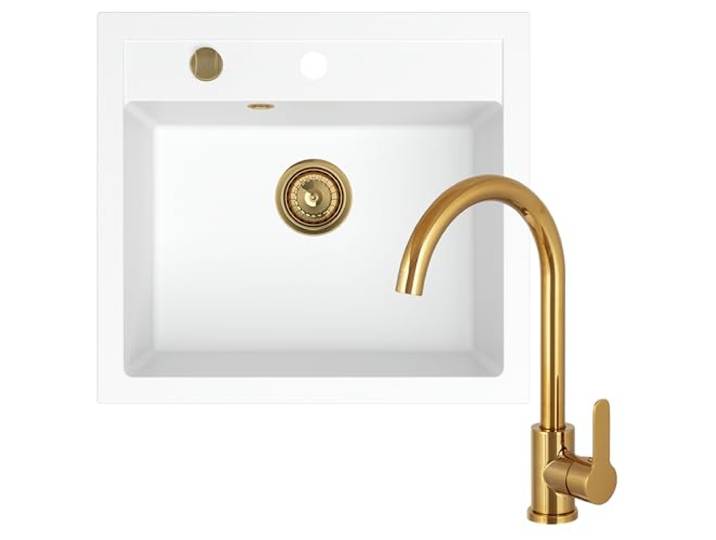 SINK QUALITY Spülbecken Weiß mit goldenen Armatur, Granitspüle 56x51cm - Spüle Set mit Küchenarmatur, goldenen Siphon und Imprägnierung - Spüle für Unterschränke ab 60 cm Breite