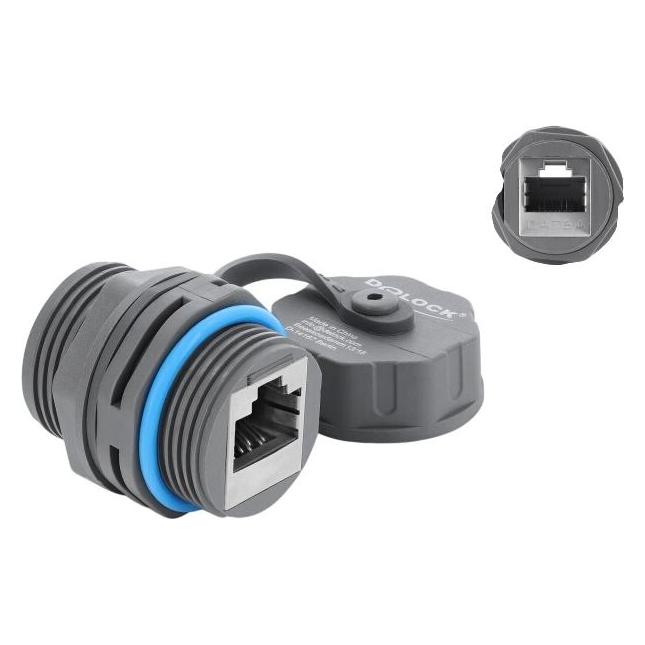 Delock Kabelverbinder RJ45 Buchse zu RJ45 Buchse Cat.6A mit M23.5 x 1,5 mm Gewinde und Verschlusskappe... (87157)