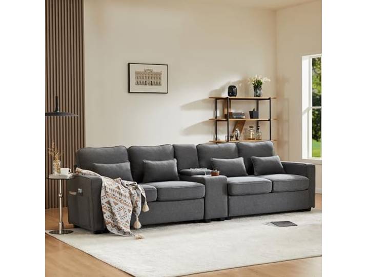 Merax Sofa 4 Sitzer Modern Couch mit Konsole, 2 Getränkehaltern und 2 USB-Ladeanschlüsse Polstersofa mit Armlehnen-Taschen und 4 Kissen, für Wohnzimmer/Schlafzimmer/Gästezimmer, Dark Gray