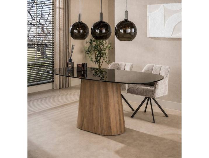 LEVEN Lifestyle Esstisch Esszimmertisch MONARI mit ovaler Glasplatte Rauchglas braun, Tischplatte auch hochwertigem braunen Sicherheitsglas