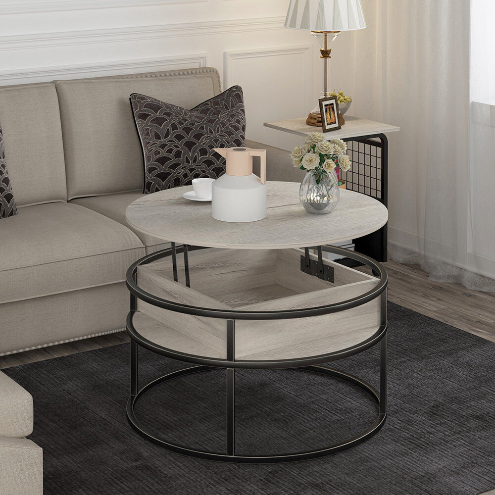 Blue Elephant Rothwell Lift Top Coffee Table ,Extendable Round Cocktail Table Black/Light Maple 61.5cm H x 80cm W x 80cm D