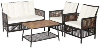 Costway 4 Pieces Patio Rattan Furniture Set with 2-Tier Coffee Table-White