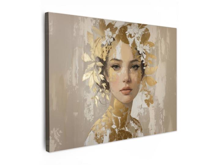 LEINWANDBILD Gesicht - Frau - Blätter - Gold Wandbilder 80x60 cm