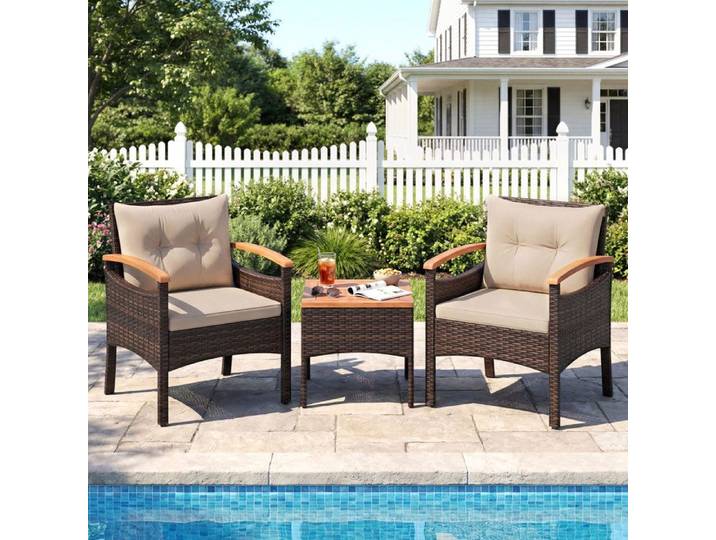 Ensemble 3 PCS Table et Chaises de Jardin COSTWAY en Rotin PE Plateau en Bois d'Acacia Coussins Amovibles Beige Pieds Réglables