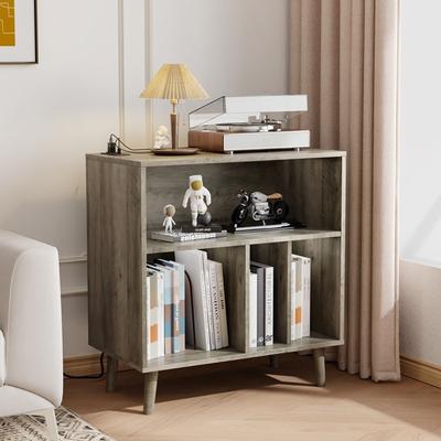 Large Record Player Stand Storage with LED Lights ＆ Charging Station