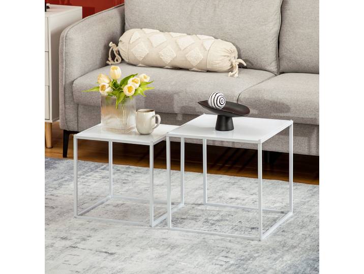 HOMCOM Lot de 2 tables basses gigognes, lot de 2 tables gigognes de salon, modulables, en acier, style industriel, blanc mat