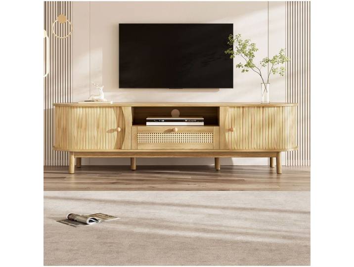 Meuble TV En MDF Naturel 165 cm Buffet TV Style Campagne FloraGrace Pour Salon Rangement Ouvert Et Ferme 165x37x46cm