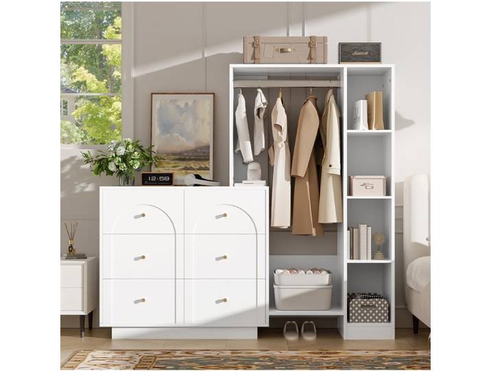 Armoire Ouverte 6 Tiroirs Blanc Penderie Moderne FloraGrace Pour Chambre Avec Rangement Multi-Compartiments 139x35x133cm