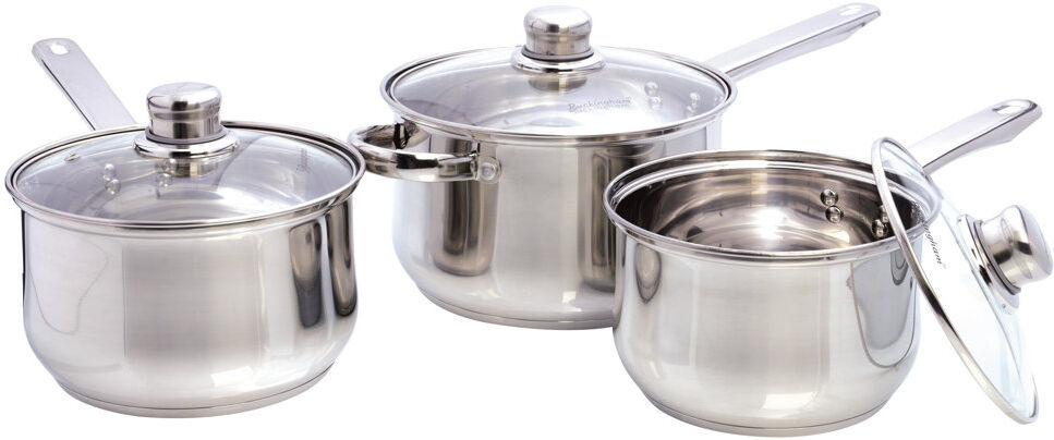 Buckingham 3 Piece Stainless Steel Deep Saucepans Set with Glass Lids Silver 3.8L