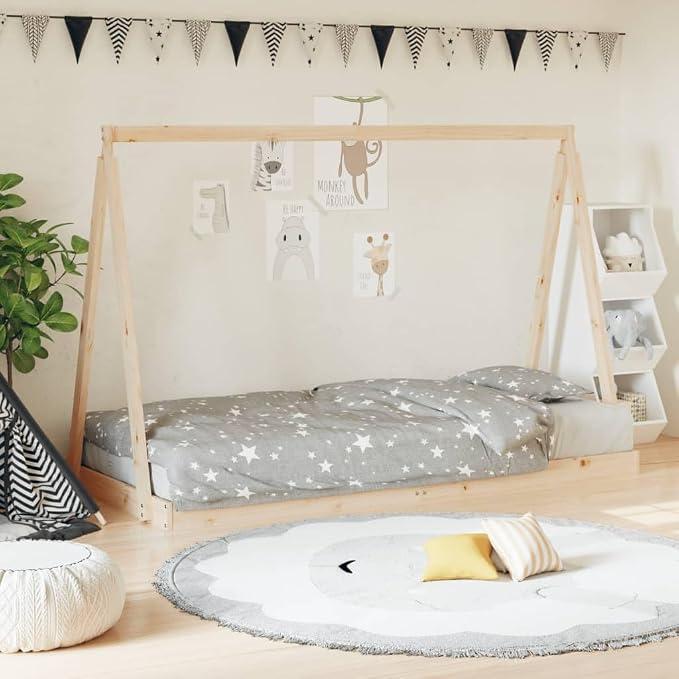 Kinderbett 90x200 cm aus massivem Kiefernholz unbehandelt, Tipi-Hausbett mit Lattenrost, bodennahes Juniorbett für Kinder ab 4 Jahren, passend für Matratze 90x200 cm