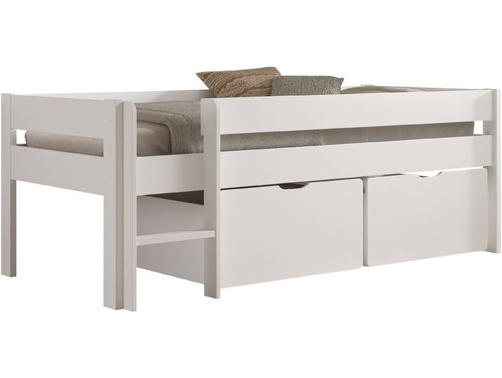 Stauraumbett VIPACK Primo, mit Absturzschutz, niedriger Bauhöhe ideal unter Dachschrägen , weiss (weiß, weiß, weiß), B:105,4cm H:78cm L:206,1cm, Betten, Stauraumbett, Kiefer weiss, inkl. Rolllattenrost, Leiter rechts / links montierbar