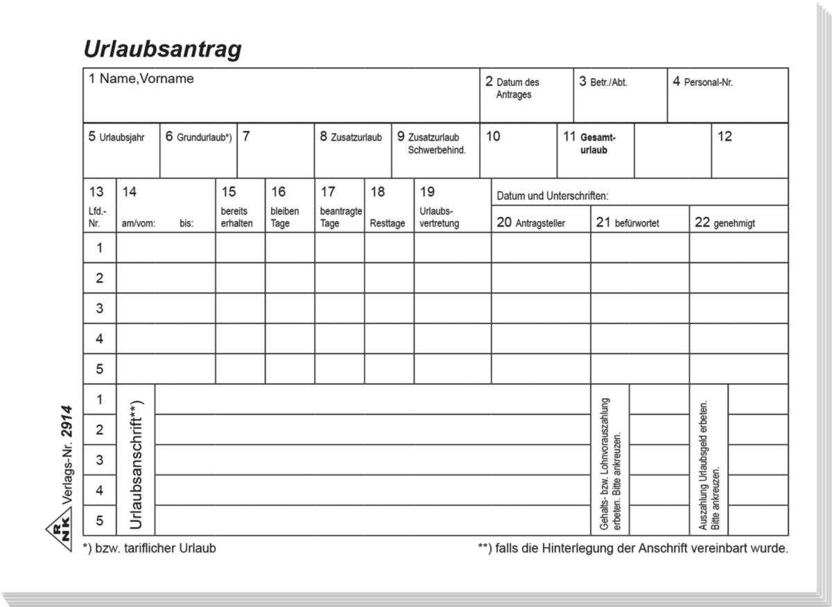 RNK-Verlag Formularbücher Urlaubsabwesenheitsmeldung DIN A6 quer 1x 50 Seiten 2914