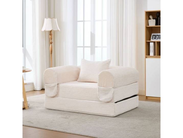 Fauteuil-lit cord 1 place beige avec coussin
