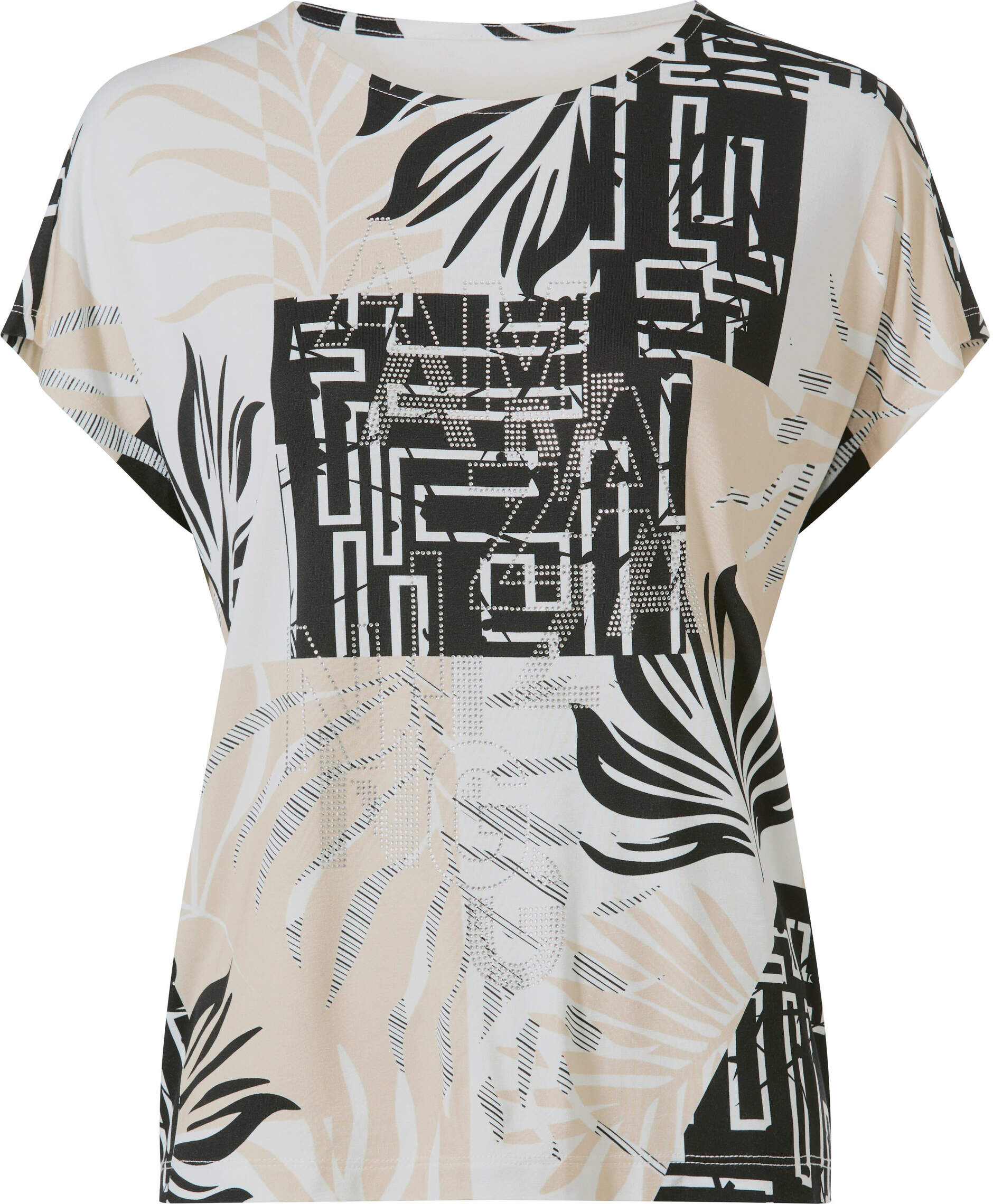 T-Shirt HEINE "Druck-Shirt Kurzarmshirt mit grafischem Druck-Dessin", Damen, Gr. 46, beige (sand, schwarz, bedruckt), Modisch, Rundhals, Shirts T-Shirt