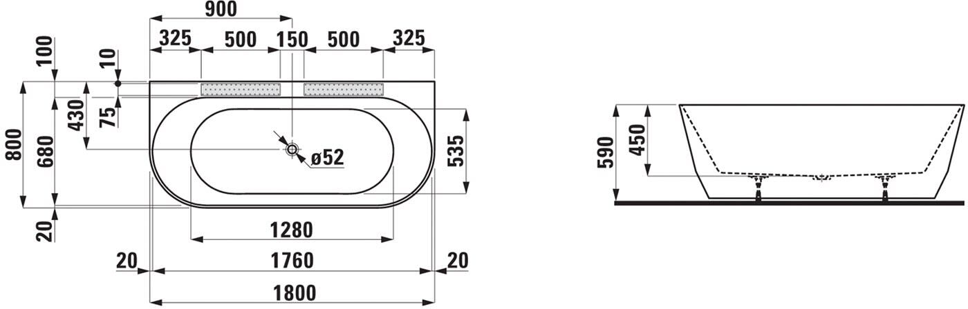 LAUFEN PRO Vorwand-Badewanne 180 x 80 cm Version mittig aus Marbond