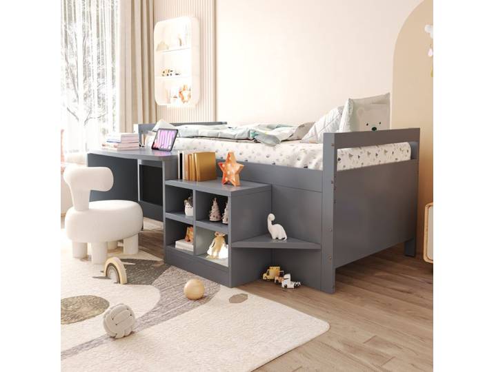 Lit enfant multifonction gris 90 × 200 cm avec bureau et rangements