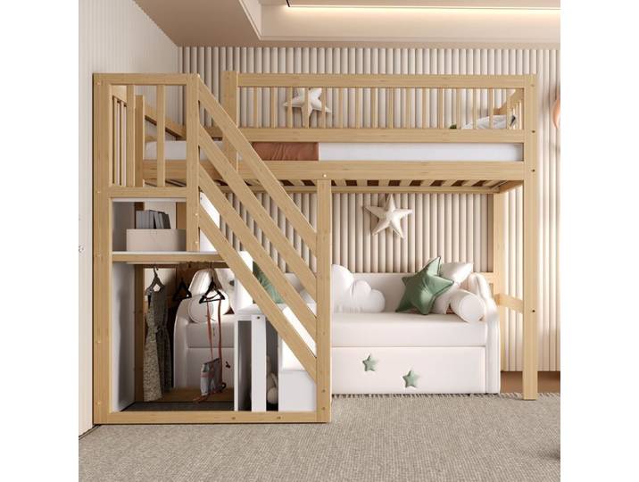 MEULVA Lit mezzanine 90 x 200 cm avec 1 escalier de rangement en bois massif naturel