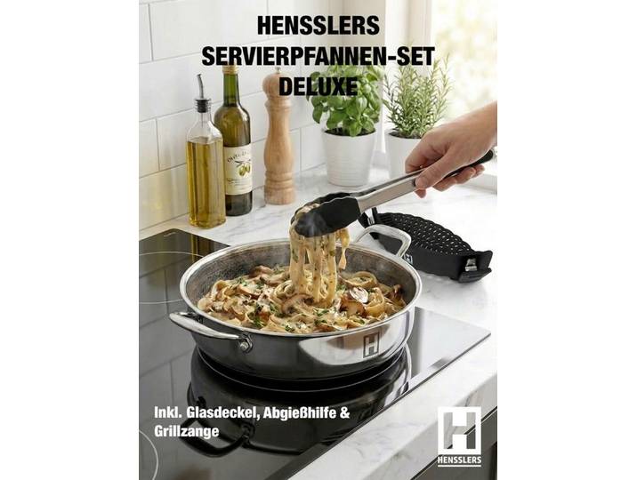 HENSSLERS Servierpfanne Premium, Pfanne Glasdeckel, inkl. Abgießhilfe & Grillzange - 4tlg., Edelstahl 18/10 (Set, 4-tlg)