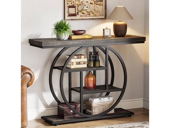 Finmind Table Console Industrielle à 4 niveaux avec Base Circulaire 105 cm Tables d'appoint étroites pour salon Noir