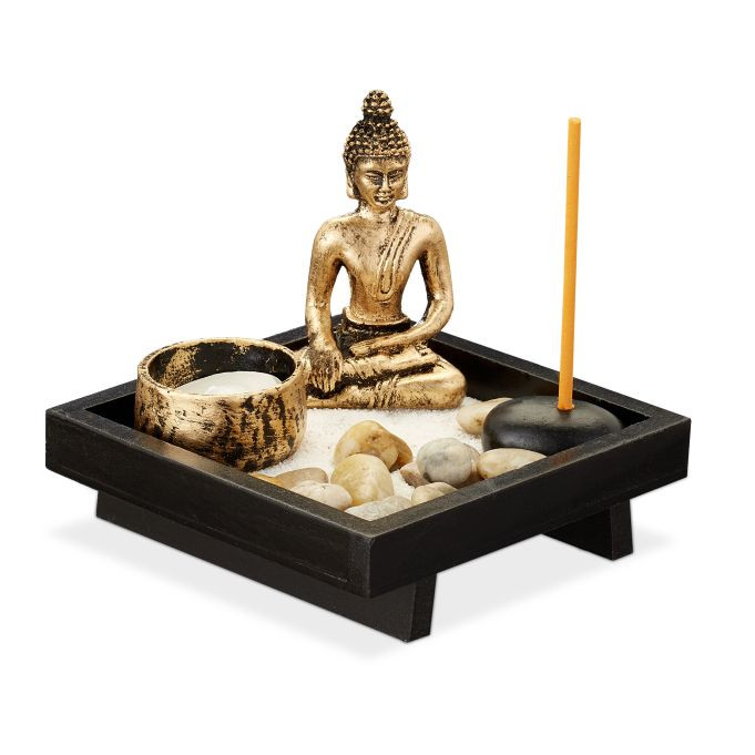 Relaxdays Zen-tuin tabletop set van 4 met Boeddha, zwart en brons