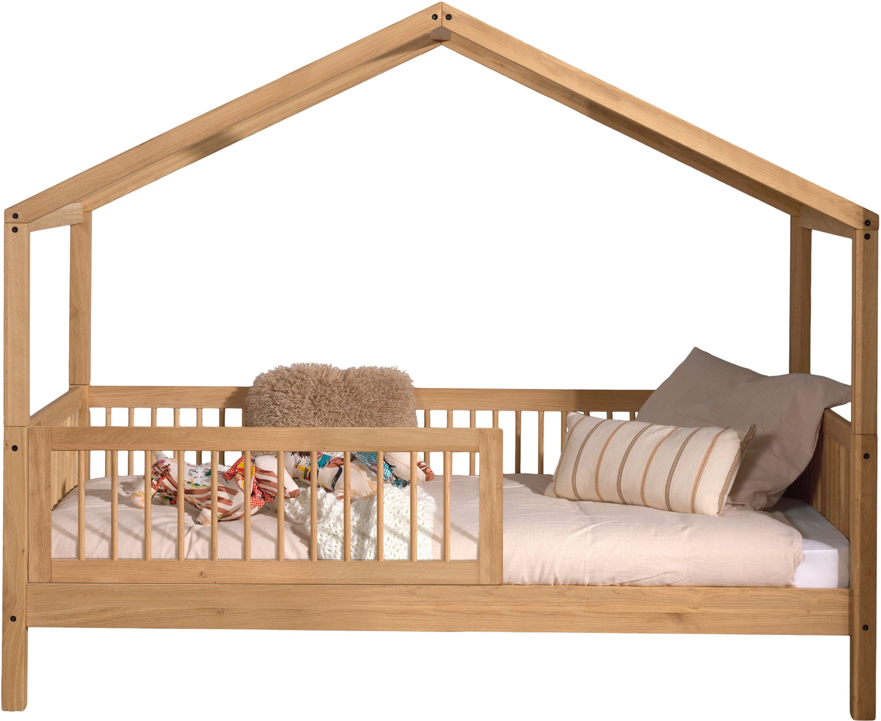 Hausbett VIPACK "Forrest mit Dachaufbau, Rausfallschutz, später umbaubar zum Einzelbett", braun (eiche natur, eiche natur), B:97,5cm H:170cm L:207,5cm, Betten, Hausbett, 90/200 Eiche massiv natur geölt, wahlweise mit o. ohne Bettschublade