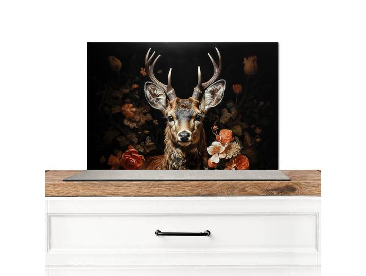 MuchoWow Spritzschutz Küche Hirsch - Tier - Blumen - Natur - Botanisch 60x40 cm, Kupferfarben, Metall, Rechteckig, 60x0.3x40 cm, rostfrei, Küchenzubehör, Küchenhelfer, Küchenutensilien