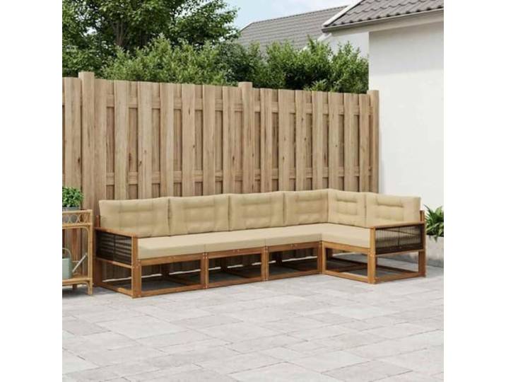 HFMDRMU Outdoor-Sofagarnitur Akazienholz 5-teilig mit Kissen, modulares Sofa Set aus massivem Akazienholz mit Lattenrücken-Design und Armlehnen, Natur und Beige