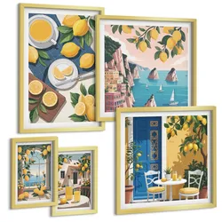 BILDER SET 5er Set - 50x50 cm & 20x30 cm & 40x60 cm Goldrahmen - Berge, rosa Himmel, Wasser, Sukkulente