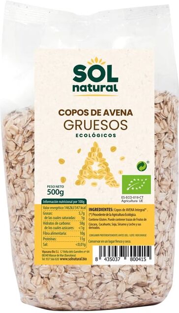 Sol Natural FLOCOS DE AVEIA INTEGRAL GROSSOS SEM GLÚTEN BIO 500g