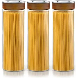 Arendo Vorratsgläser 3er Set 1700 ml Borosilikatglas, luftdicht, Klickdeckel mit Akazienholzring, Vorratsbehälter, Transparent