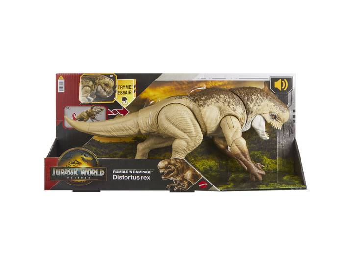 MATTEL Jurassic World Rebirth Distortus Rex Figurine d'Action, Jouet Dinosaure Rumble N Rampage 22 Pouces, 2 Attaques