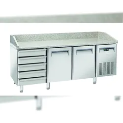 CoolHead QZ26 Edelstahl-Pizzatheke, 2 Türen + 5 Schubladen, Granitplatte, automatische Abtauung, Temperatur +2°C/+8°C, Maße 202,5x80x104 cm