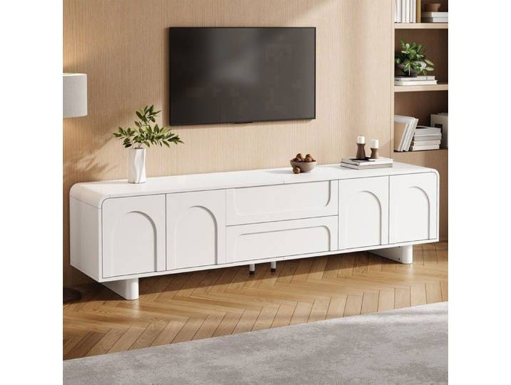 Meuble TV 180x40x46 cm meuble TV bas moderne table TV meuble à portes et tiroirs design minimaliste buffet salon blanc