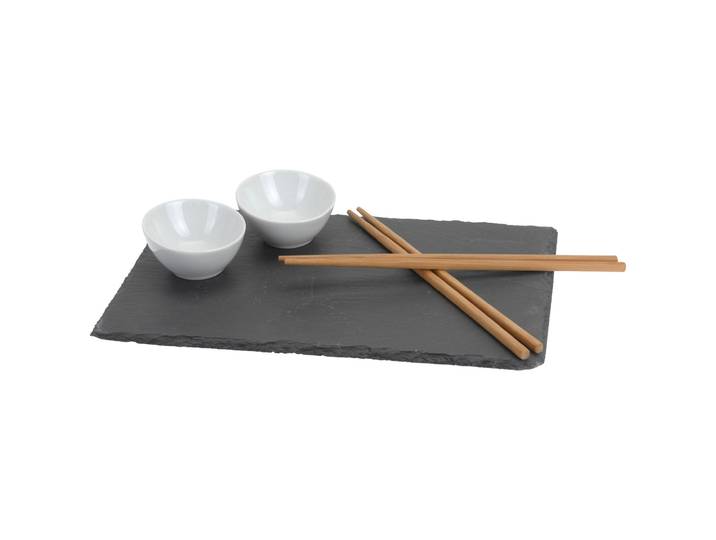 7-teiliges Sushi-Set, Schieferplatte, 2 Saucenschalen und 2 Paar Bambus-Stäbchen