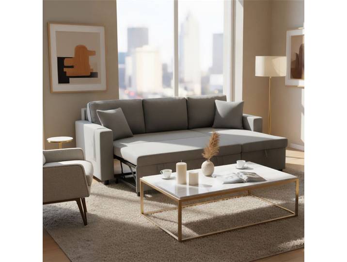 URBAN MEUBLE Canapé d'angle convertible en tissu lin gris méridienne réversible 3 places