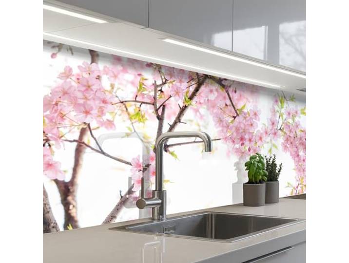 KitchenYeah© Spritzschutz Küche Küchen Rückwand Küchendeko Wand Wandschutz 80x250 cm - Selbstklebend Backsplash Kitchen Peel And Stick Kirschblüte - Rosa - Blumen - Sakura - Natur