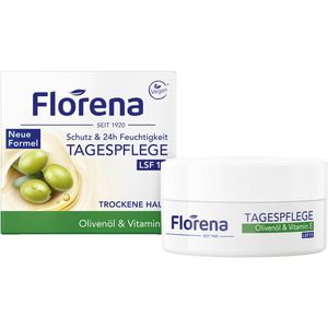 Florena Tagescreme 24h Feuchtigkeit Tagespflege, mit LSF 15, gegen Hautalterung, Olivenöl & Vitamin E, trockene Haut, 50 ml