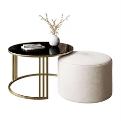 COUCHTISCH mit Hocker LORI GLASS gebürstetes Gold/schwarzes Glas/Perfect Harmony 01