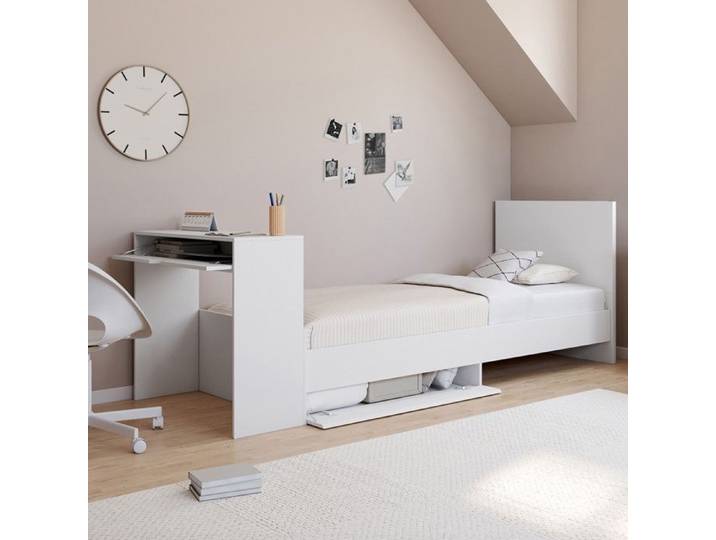 IDMARKET Lit simple OMAHA 90 x 190 cm avec sommier tête de lit bureau et rangements blanc
