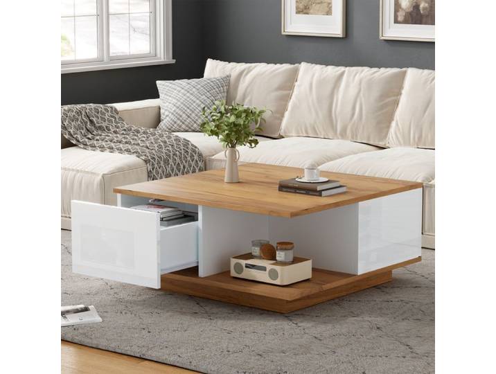 Table basse carrée 70x70 cm avec 3 tiroirs et rangement blanc et noyer