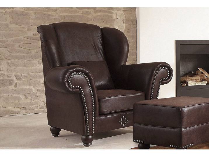 Sessel HOME AFFAIRE King George gemütlicher Ohrensessel mit Ziernägeln, mit Federkern , dunkelbraun, B:120cm H:110cm T:92cm, Korpus aus Luxus-Microfaser in Vintage-Optik (100% Polyester), Sitzfläche aus Chenillebezug (70% Polyacryl 30% Polyester), Kissen in Druckstoff (100% Polyester), Sessel, Sessel