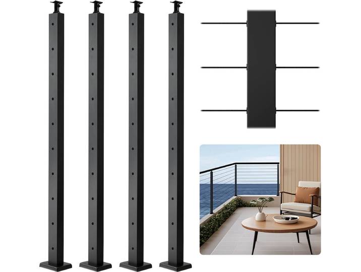 VEVOR Kabelleuningpalen\, 4-Pack\, 914 X 50\,8 X 50\,8 Mm\, voorgeboorde Horizontale Gaten\, Roestvrij Staal Sus304\, Gebogen Horizontale Beugel\, voor Leuning\, Balustrade\, Zwart