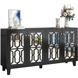 Schwarze Anrichte 160x40x84 mit Spiegeloberfläche, Kristallgriffen und beweglichem Regal, modernes Design für Wohnzimmer und Flur