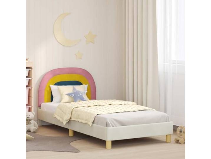 RJPLMFV Kinderbettgestell, cremefarben, 90 x 200 cm Holzwerkstoff, Samtbezug, passendes Kopfteil, Lattenrost-Design, pflegeleicht