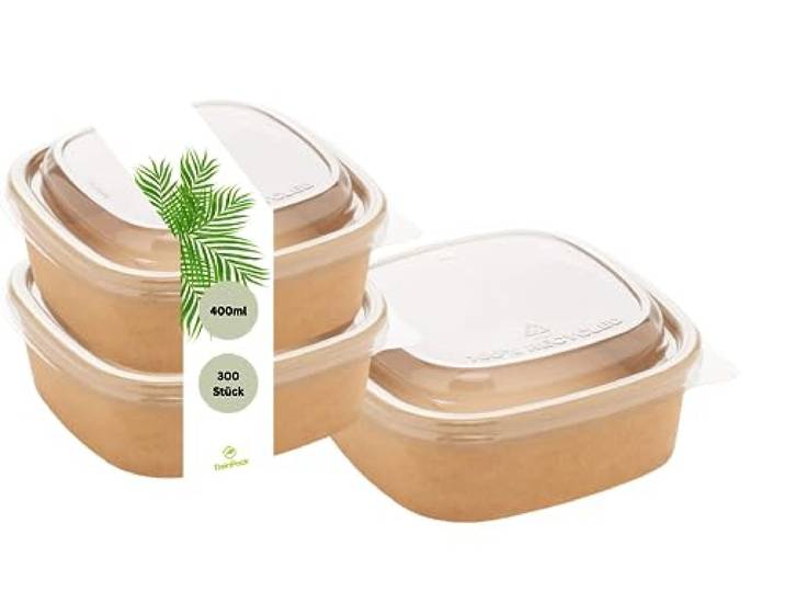 DeinPack 300 Salatschalen 400ml to go Schalen mit Deckel braun eckig I Recycellbare Schalen Kraftkarton Verpackung mit PLA Beschichtung I Suppenschale Eisschale Deckel aus recyceltem PET