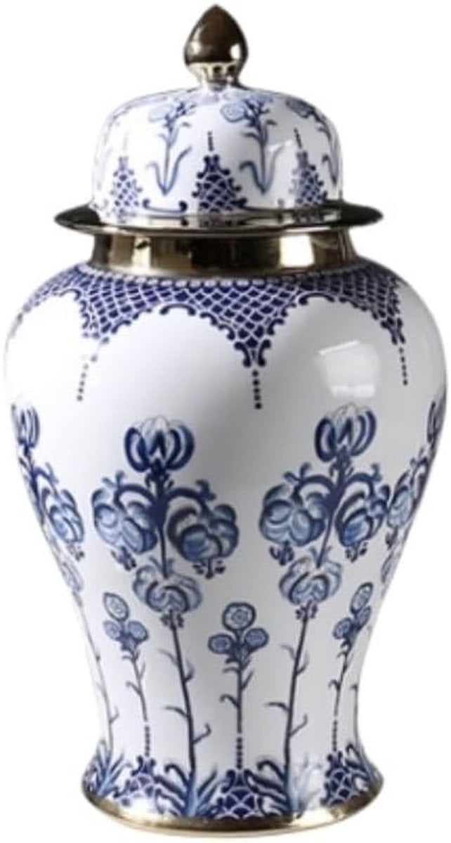 Blauw-witte keramieken gemberpot vaas met gouden rand, Hoogte: 39 cm
